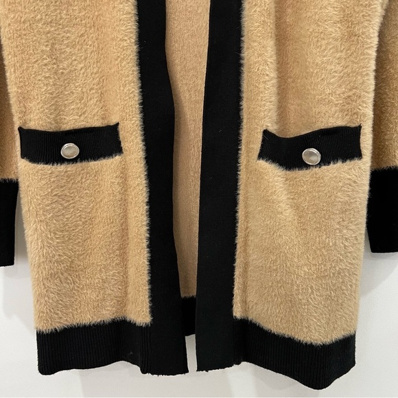Rachel Zoe Eyelash Fuzzy Cardigan Size Small Camel Black Open Front Long Sweater - Picture 6 of 7